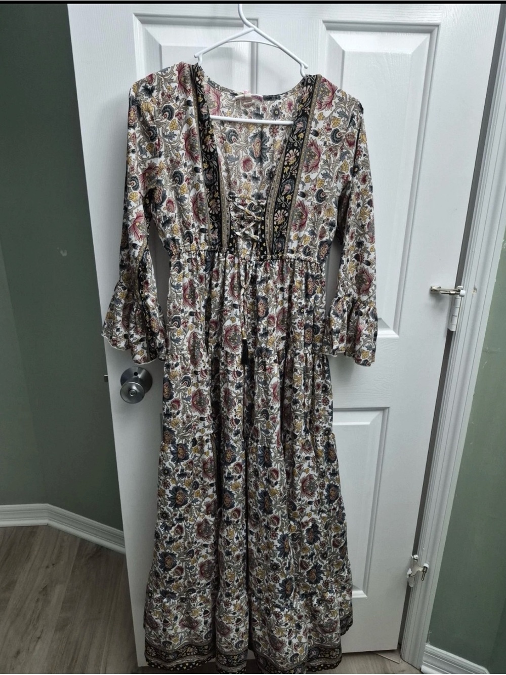 Anthropologie Floral Lace-Up Maxi Dress - Cream, Pink, Olive, Navy - Picture 2 of 5